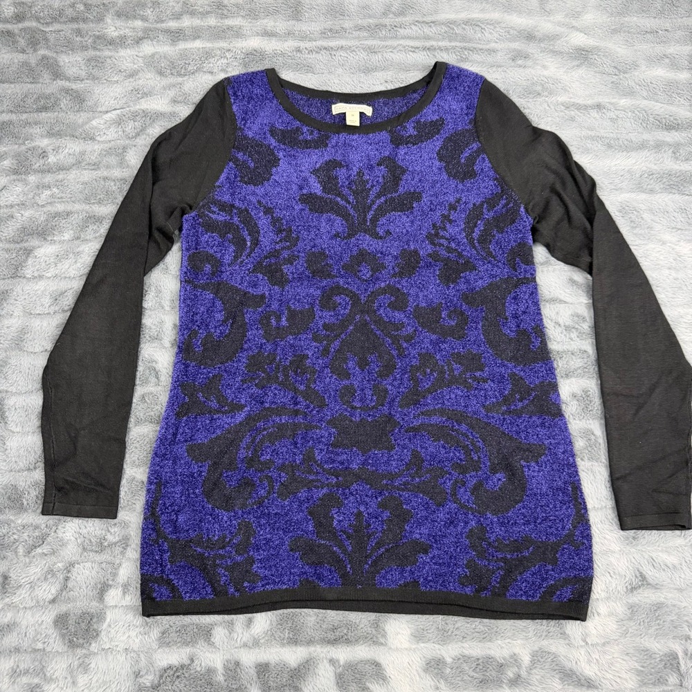 Dana Buchman Womens Small Purple Black Damask Knit Long Sleeve Sweater Top 15656